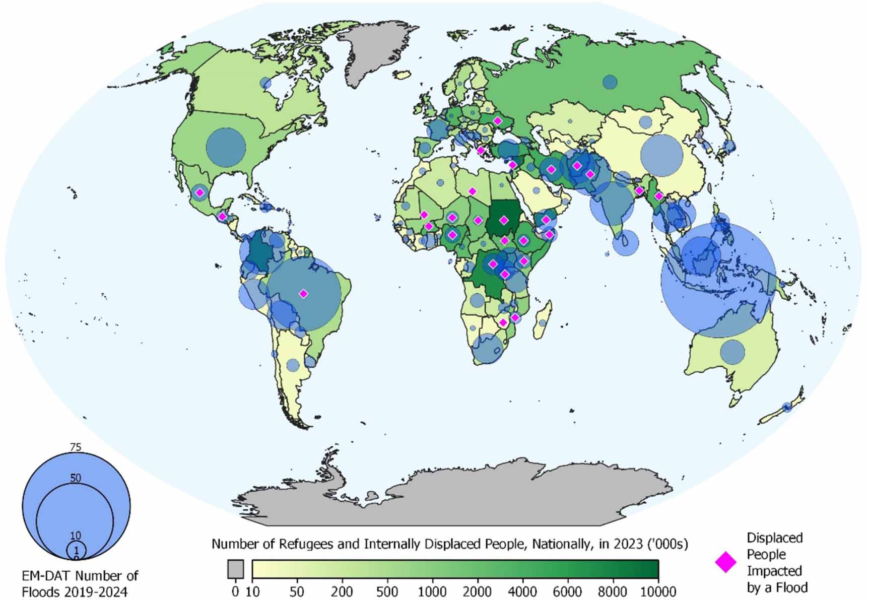 Global map of forcibly displaced people and flood events